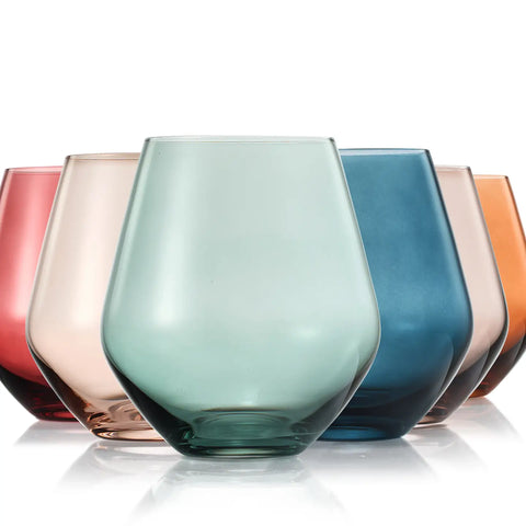 The Wine Savant Colored Stemless Crystal Wine Glasses- 6 Set