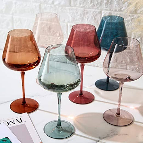 The Wine Savant Large Colored Crystal Wine Glass Set of 6