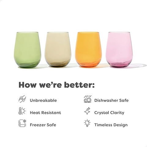 TOSSWARE RESERVE 16oz Stemless Wine Color Series Tritan™ Copolyester Glass Mixed Set