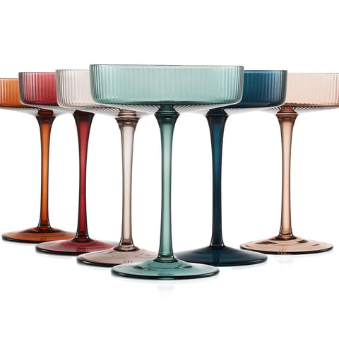 The Wine Savant Art Deco Ribbed Pastel Coupe, & Cocktail Glasses - 6 Set