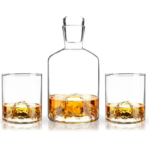 Viski Mountain Themed Crystal Decanter & Tumblers (3 Piece Set)