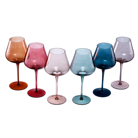 The Wine Savant Large Colored Crystal Wine Glass Set of 6