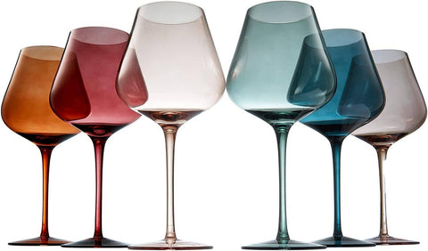 The Wine Savant Large Colored Crystal Wine Glass Set of 6