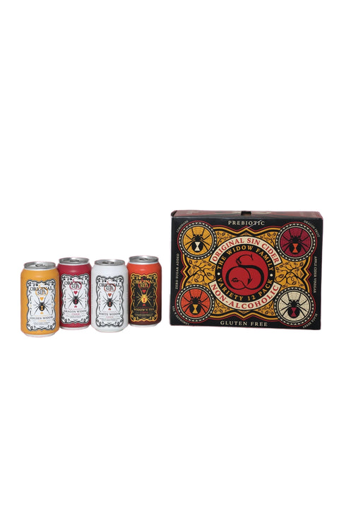 Set of cans and a box with a distinctive design on a white background