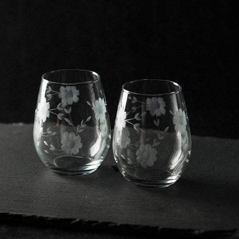 Love & Victory Hand Engraved Stemless Floral Wine Glass